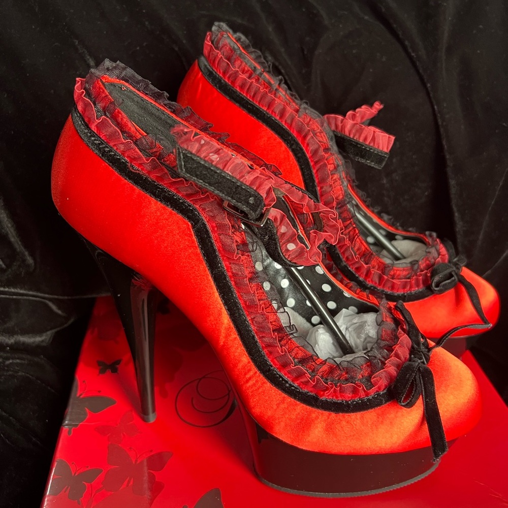 Pleaser Delight-683 Red Satin/Blk High Heeled Shoes